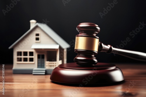 Real estate auction. Gavel with a model house depicting legal issues