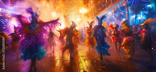 People in costumes at the Brazilian carnival in Rio de Janeiro. Carnival Night: Dancers in Feathered Costumes with Fireworks photo