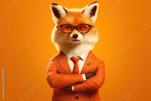 Anthropomorphic fox businessman wearing glasses and stylish orange suit isolated on yellow background © iridescentstreet