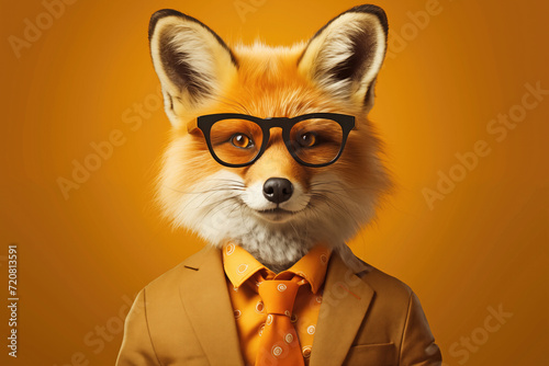 Anthropomorphic fox businessman wearing glasses and stylish orange suit isolated on yellow background © iridescentstreet