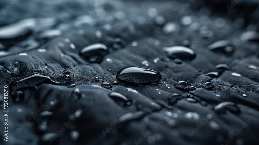 Close up picture of waterproof fabric with water droplets on the fabric Close up picture of waterproof fabric with water droplets on the fabric