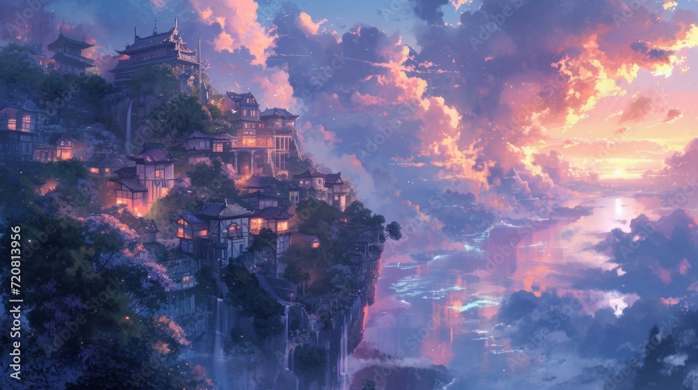 Twilight over a cliffside town, with manga style clouds generative ai - obrazy, fototapety, plakaty 