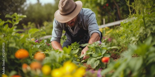 Garden, gardening, horticulture and agriculture. Focused gardener tending to lush vegetable garden, immersed in organic farming photo