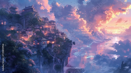 Twilight over a cliffside town  with manga style clouds generative ai