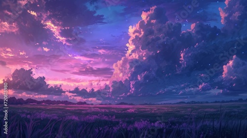 Twilights over a quiet meadow with vibrant violet and blue tones. manga style generative ai © Kelly