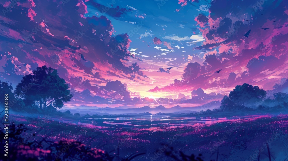 Twilights over a quiet meadow with vibrant violet and blue tones. manga style generative ai