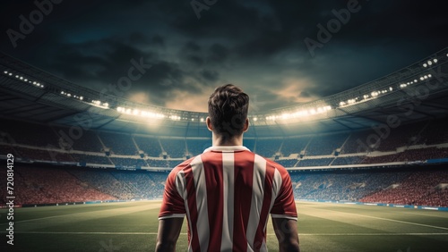Back view of soccer player standing, he is ready for the football match under bright stadium lights © iridescentstreet