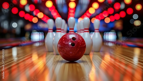 A determined bowler lines up their shot, eyes locked on the lone pin standing tall against the shiny alley as their trusty bowling ball rolls towards victory in this intense indoor sport photo