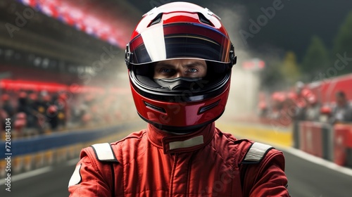 Portrait of racing driver wearing helmet, standing on race track after competition © iridescentstreet