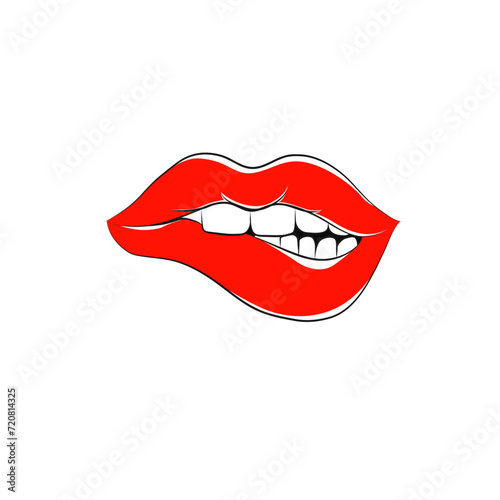 Woman biting lips, red lips.
