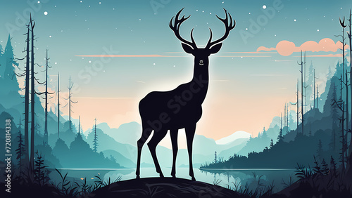 Abstract background of deer in the rive. Forest fantasy landscape graphic illustration. Template for your design works ready to use.