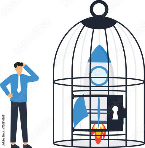Startup rocket inside the cage and business startup and launch rocket with entrepreneur or rocket in the cage concept, 

