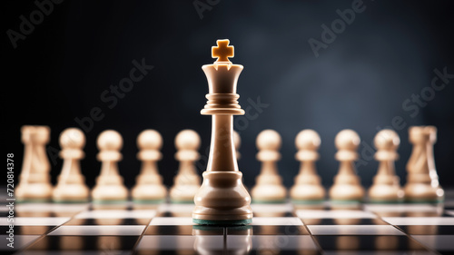 King chess piece stands out on the board as a leader, symbolizing leadership with white pieces arrayed in the background