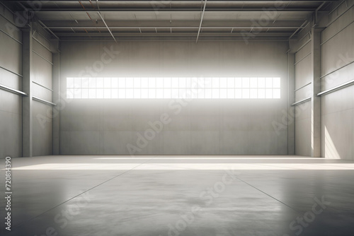 Spacious and modern empty gray industrial warehouse interior with bright lighting and a clean, polished concrete floor, reflecting a minimalistic design