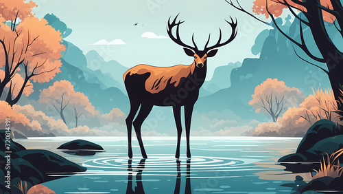 Abstract background of deer in the rive. Forest fantasy landscape graphic illustration. Template for your design works ready to use. photo