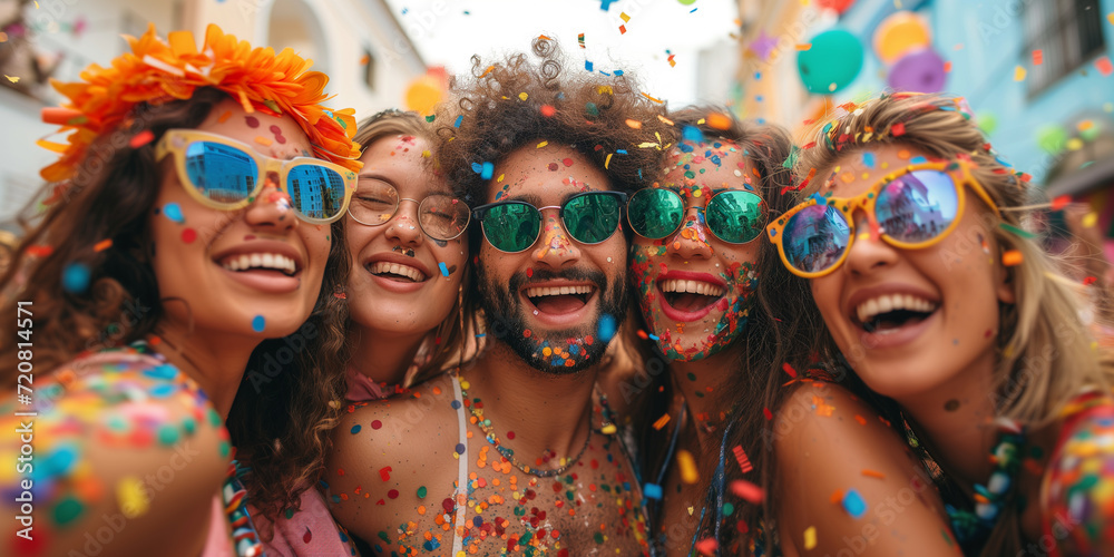 Obraz premium People at the carnival, festival and party. Joyful friends celebrating carnival with colorful confetti and festive accessories
