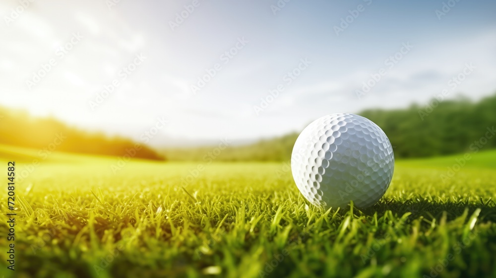 Golf ball on a lush green fairway, with a serene golf course landscape in background Golf ball on a lush green fairway, with a serene golf course landscape in background