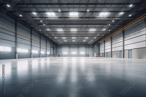 Spacious and modern empty gray industrial warehouse interior with bright lighting and a clean, polished concrete floor, reflecting a minimalistic design photo