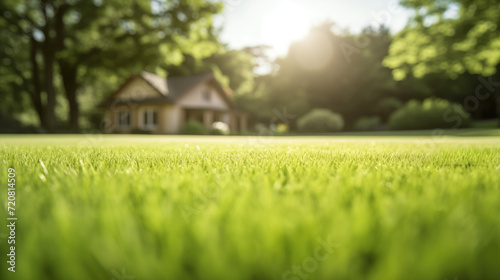 Lush green lawn in sharp focus with a cozy house and trees softly blurred in the sunny peaceful suburban home background