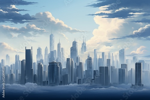 Cityscape with skyscrapers and clouds. 3D illustration. Ai generated