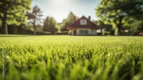 Lush green lawn in sharp focus with a cozy house and trees softly blurred in the sunny peaceful suburban home background