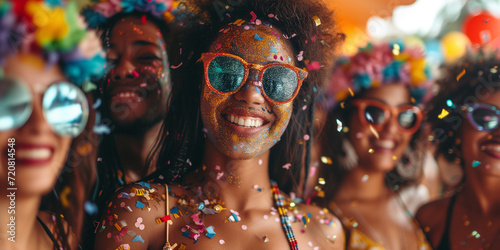 Fashionable modern people dancing and rejoicing. Exuberant carnival goers with radiant smiles and colorful costumes enjoying the festivity