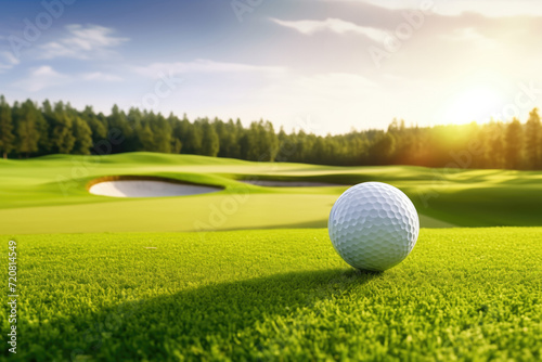 Golf ball on a lush green fairway  with a serene golf course landscape in background