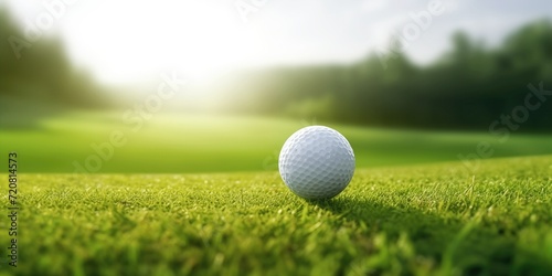 Golf ball on a lush green fairway, with a serene golf course landscape in background