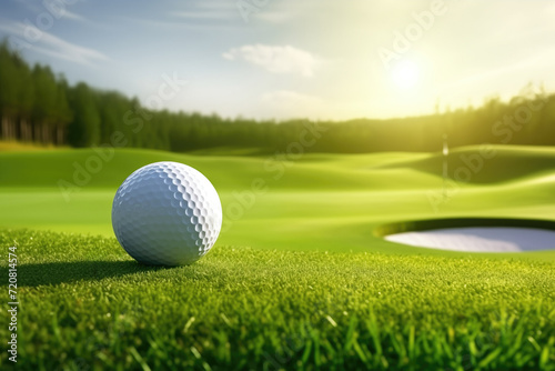 Golf ball on a lush green fairway, with a serene golf course landscape in background photo