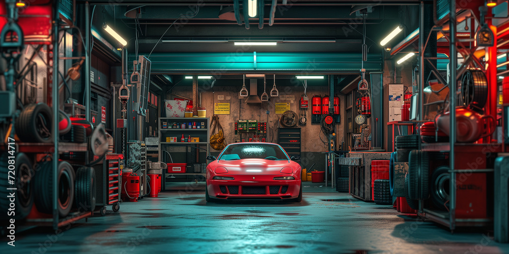 Сar in an atmospheric garage Polished red sports car in a well-equipped garage with atmospheric lighting - obrazy, fototapety, plakaty 