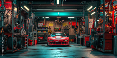 Сar in an atmospheric garage Polished red sports car in a well-equipped garage with atmospheric lighting