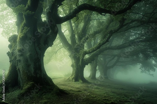 Mystical foggy forest with ancient trees © Jelena