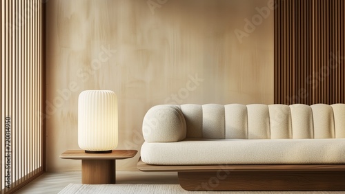 Cozy beige interior of living room with couch, Japandi style, wooden aesthetic, modern decor, lamp, sunlight through window in morning