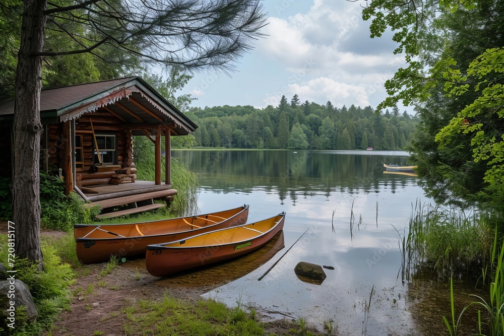 Rustic lakeside fishing lodge with canoe adventures