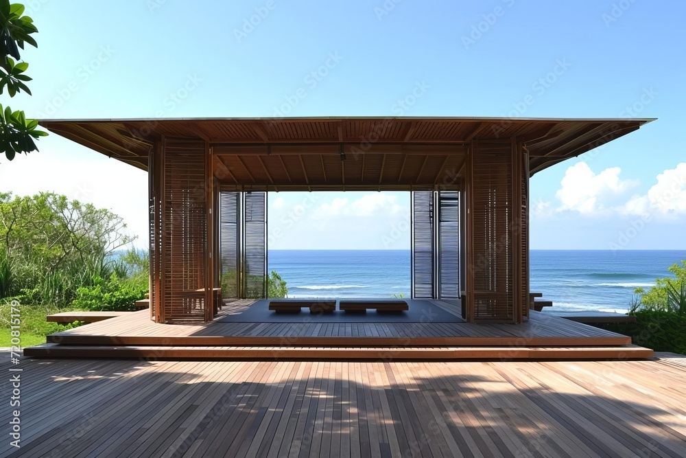 Seaside meditation pavilion with ocean sounds and yoga sessions Seaside meditation pavilion with ocean sounds and yoga sessions