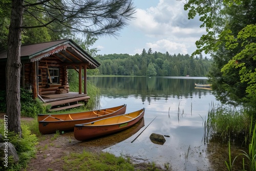 Rustic lakeside fishing lodge with canoe adventures