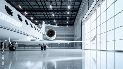 White private jet or plane inside a modern hangar