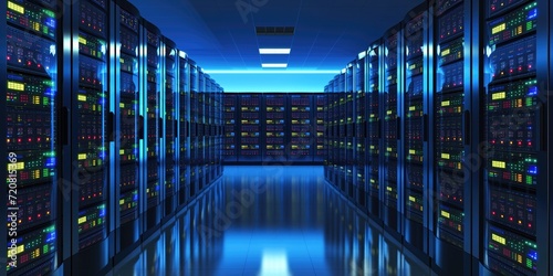 Futuristic data center with high-speed racks in server room photo