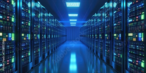 Futuristic data center with high-speed racks in server room photo