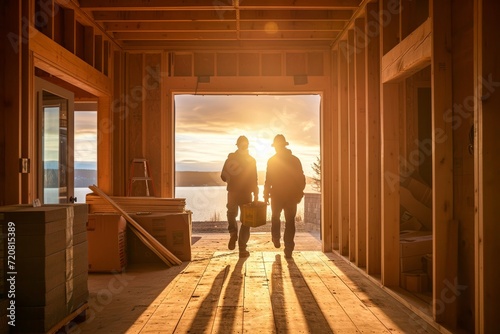 Two men dressed in work clothing stand on the ground floor of an indoor construction site, gazing up at the ceiling and the light pouring in through the windows of the unfinished building