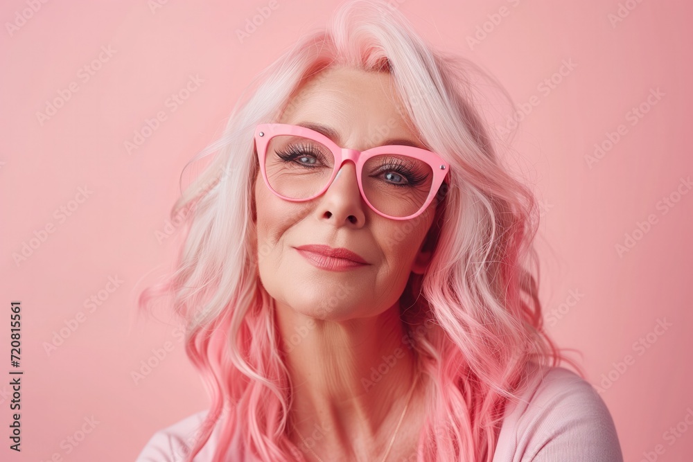 Beauty portrait of beautiful senior woman with pink hair, wearing trendy glasses, retired stylish fashion model with cool vibrant look Beauty portrait of beautiful senior woman with pink hair, wearing trendy glasses, retired stylish fashion model with cool vibrant look