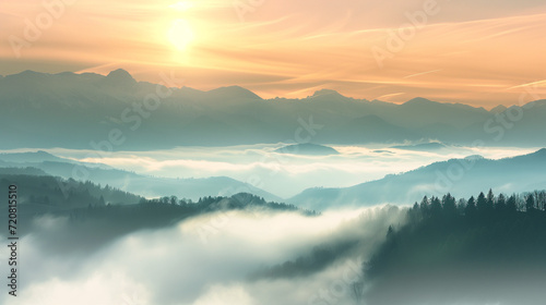 A breathtaking sunrise over mist-covered mountains  highlighting the beauty of early spring