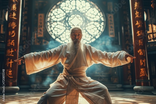 Old kung fu master in martial arts attire assumes a powerful stance in a temple
