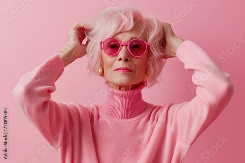 Beauty portrait of beautiful senior woman with pink hair, wearing trendy sunglasses, retired stylish fashion model with cool vibrant look © iridescentstreet