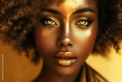 Gold glitter makeup on african woman face, beauty portrait of black model with shiny golden artistic make-up and glowing eyes, bokeh lights on background