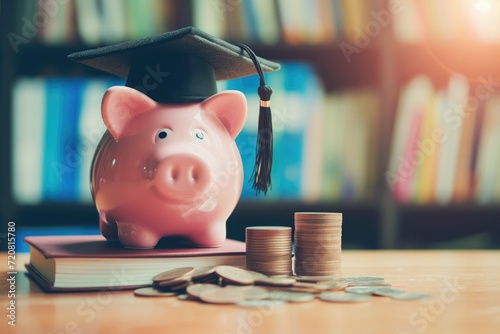 Piggy bank wearing a graduation cap with coins stacked beside it, symbolizing student loan or college fund