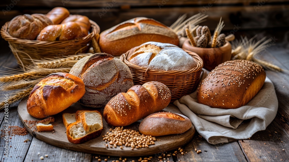 A rustic spread of freshly baked bread rolls and loaves, crafted with wheat gluten and bakers yeast, sit atop a wooden surface in a cozy bakery A rustic spread of freshly baked bread rolls and loaves, crafted with wheat gluten and bakers yeast, sit atop a wooden surface in a cozy bakery