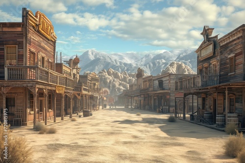 Wild West. Old western town with wooden buildings on the street