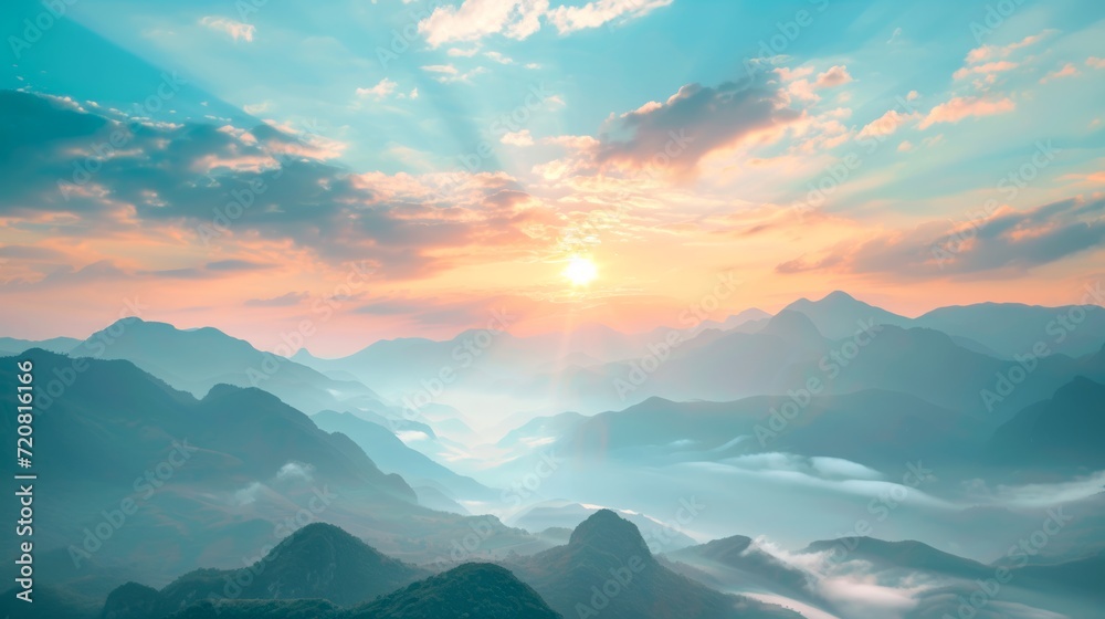 A breathtaking sunrise casts a golden glow over a majestic mountain range, as fog rolls through the valley and the sun shines through billowing clouds in the sky