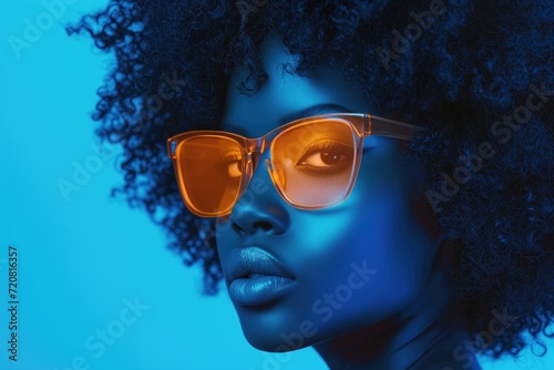 Fashion portrait of young beautiful african woman wearing trendy neon orange glasses, showcasing stylish look with afro hairstyle, isolated on blue background